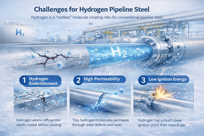 Infographic showing the three main challenges of hydrogen pipeline steel: hydrogen embrittlement, high permeability, and low ignition energy compared to natural gas.